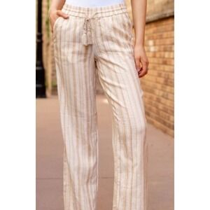 Liverpool Los Angeles Striped Linen Blend Pull-On Wide Leg Pants Tan White NEW
